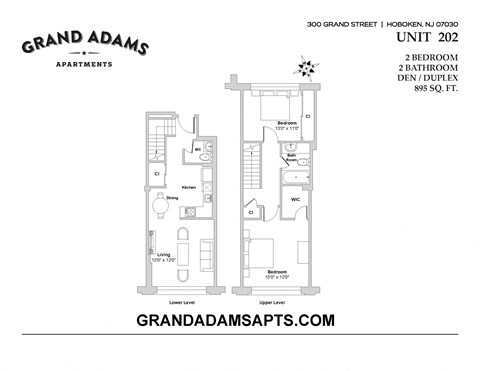 Floor plan for 2 beds, 1.5 baths, 895 sqft